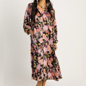 &Merci Midnight Garden Midi Boho Flowy Cottagecore Button Up Dress Long Sleeve S